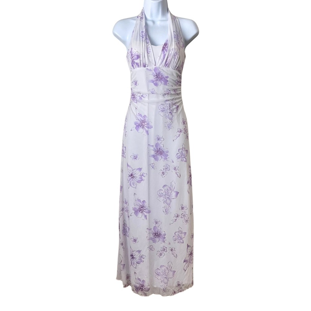 Vintage Y2K Fairy Glitter Halter Ruched Floral Maxi Dress Taboo Purple Small